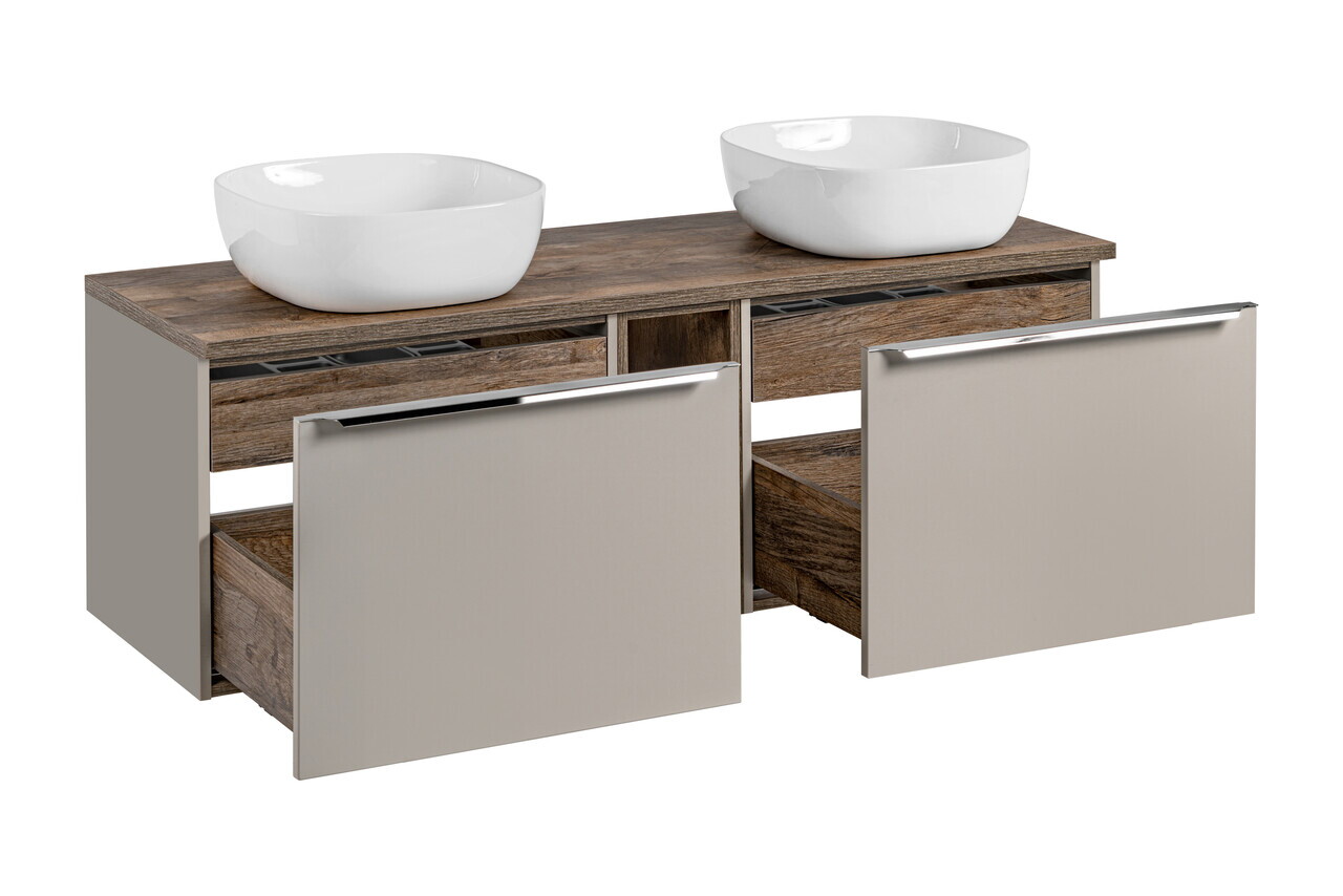 Set mobilier baie, dulap dublu si 2 lavoare, 140 cm, Santa Fe Taupe, Comad, MDF/PAL laminat, gri/stejar santa fe vintage — imaginea 3