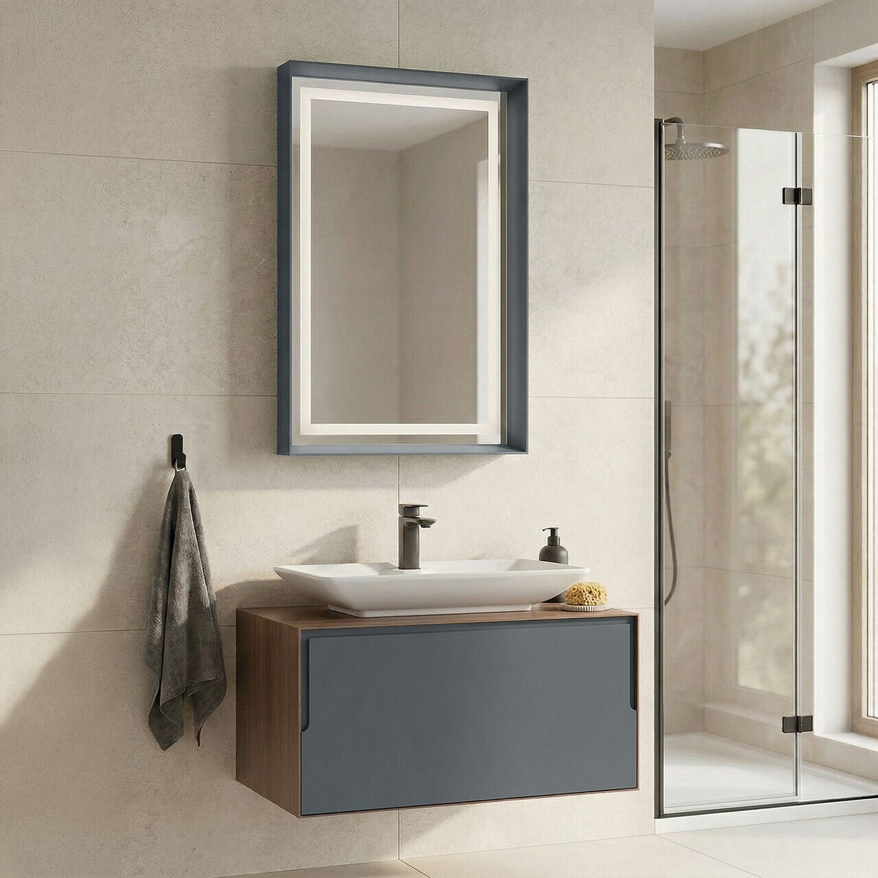 Set Dulap de Baie cu Chiuvetă și Oglindă (2 Piese), Hanah Home, Craft 80, Nuc / Antracit / Alb — imaginea 2