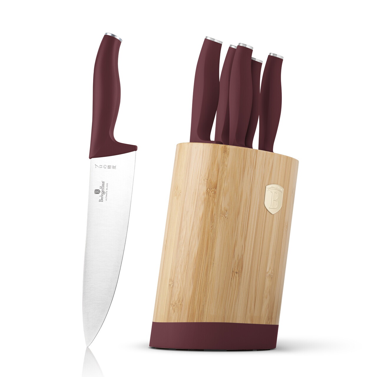 Set 5 cutite cu suport rotund Berlinger Haus, Leonardo, inox/bambus, visiniu mat/natur - imagine 11