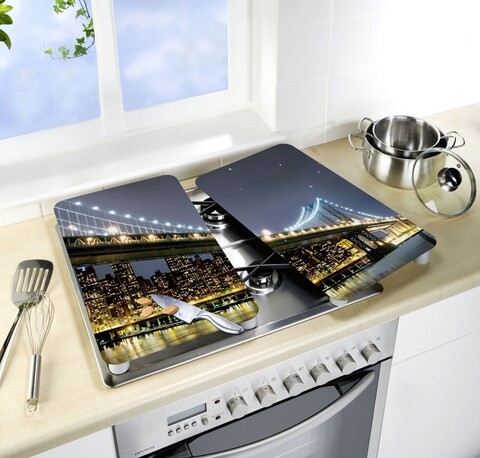 Set 2 protectii universale pentru aragaz, wenko, brooklyn, sticla termorezistenta, 30 x 52 cm, negru