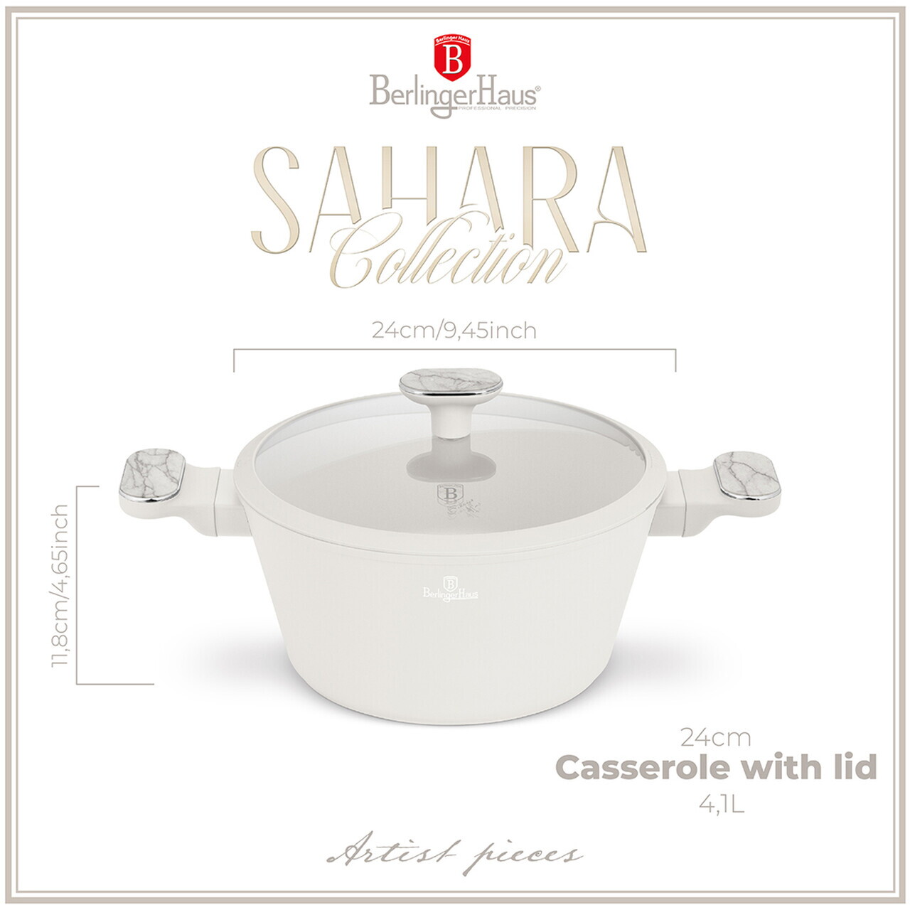 Oala cu capac Berlinger Haus, Sahara Marble, 24 cm, 4.3 L, aluminiu forjat, crem mat/marmura - imagine 4