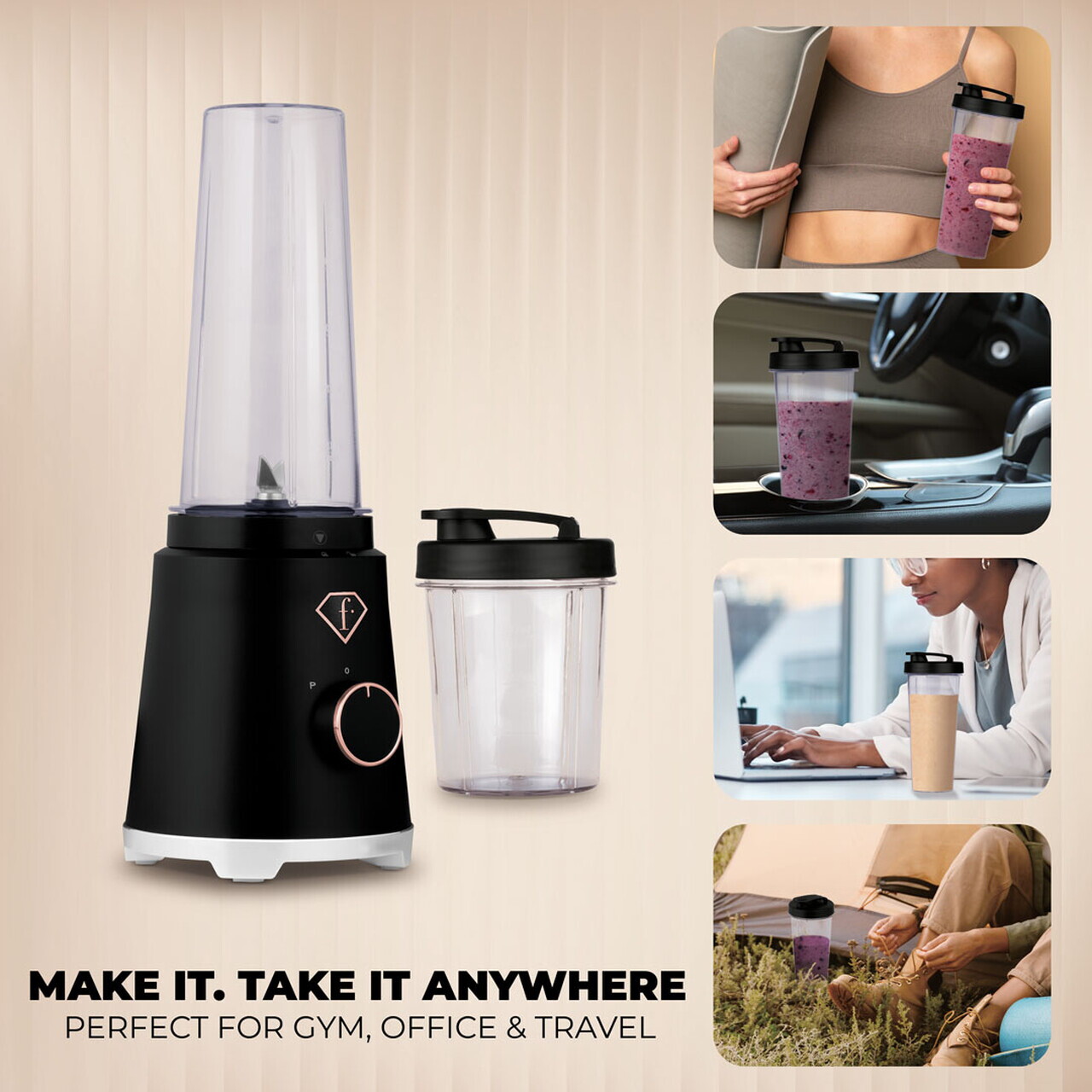 Blender pentru smoothie Fashion TV, Black Rose, 320W, 300 ml/ 600 ml, inox/plastic, negru/transparent - view 5