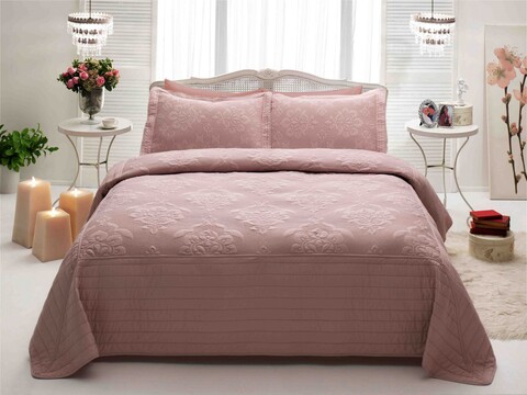 Set cuvertura de pat dubla, 3 piese, 250x260 cm, 100% microfibra, Tac, France, roz pudra