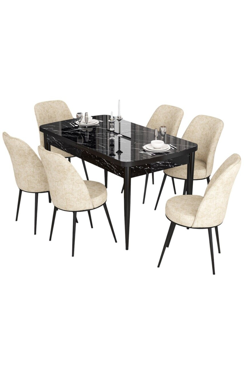 Set masa extensibila si scaune (7 piese), Hanah Home, Via, Model de marmură neagră / Crem — imaginea 2