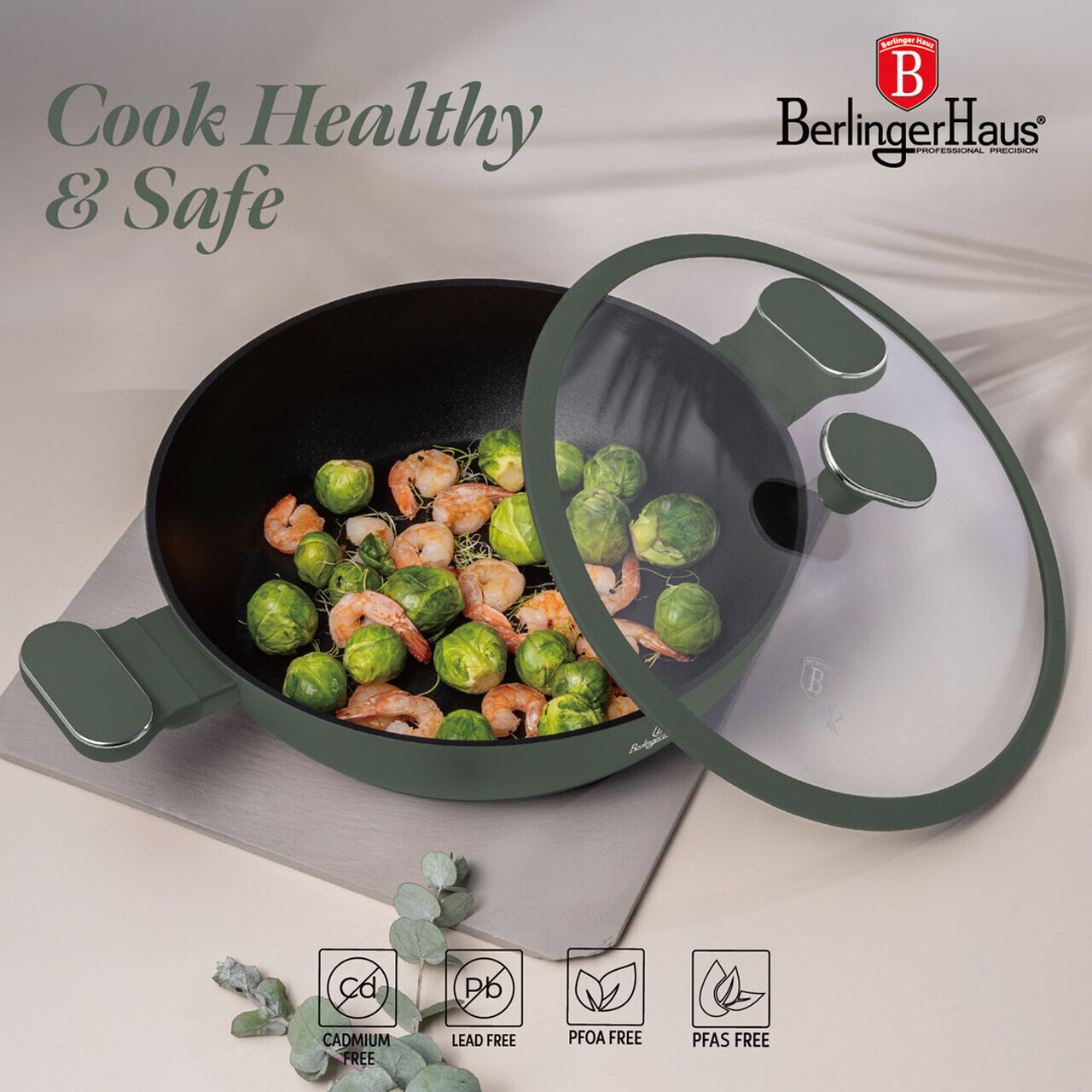 Oala cu capac Berlinger Haus, Matte Green, 30 cm, 4.5 L, aluminiu forjat, verde mat - imagine 7