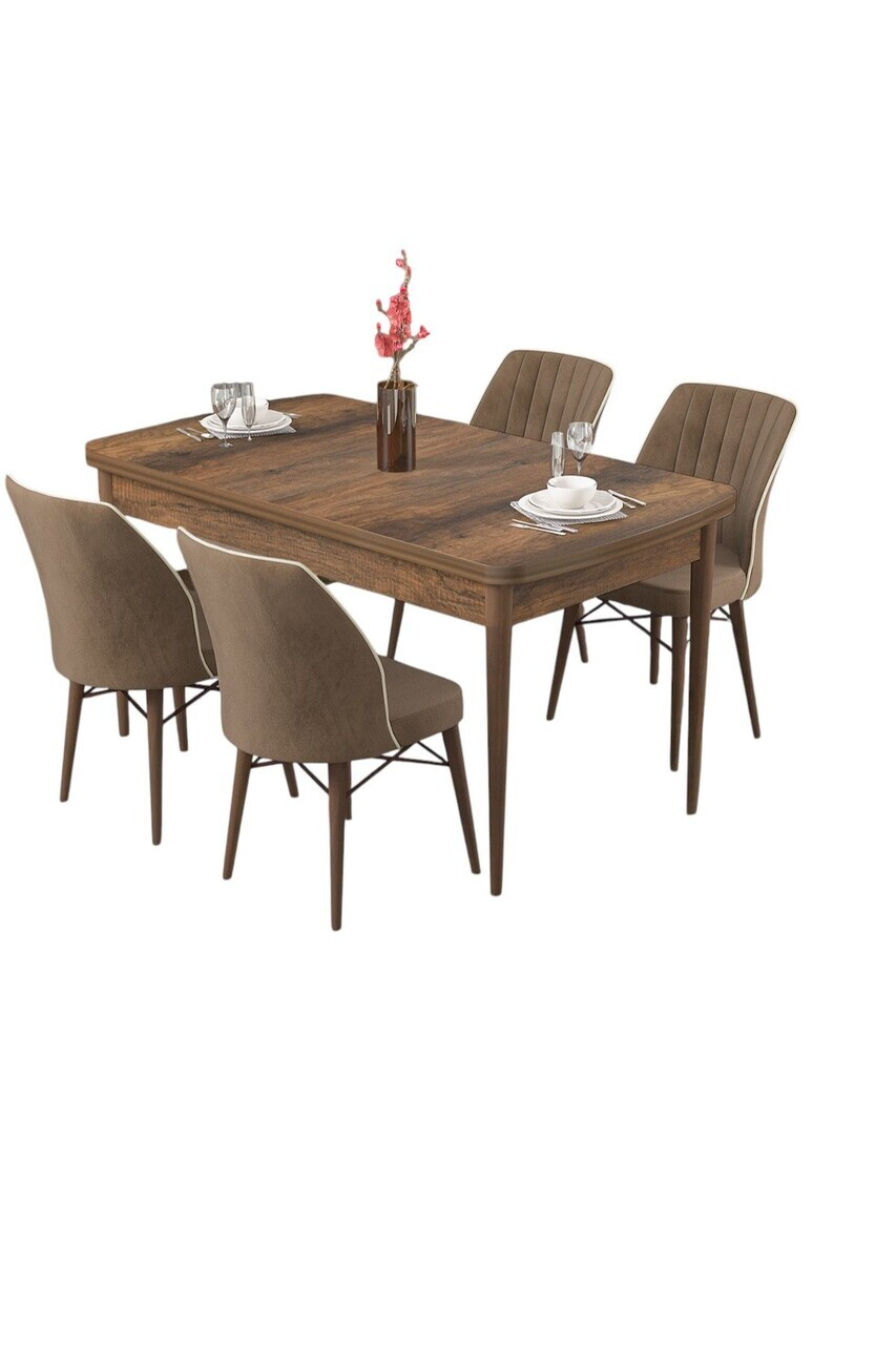 Set masa si scaune (5 piese), Hanah Home, Radde, Model baroc din lemn / Maro — imaginea 2