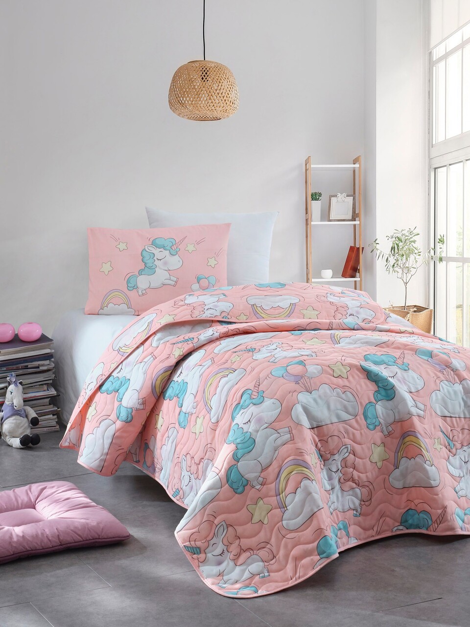 Set cuvertura Single 160x220 cm, 2 piese, Unicornio - Pink, EnLora Home, 65% bumbac/35% poliester