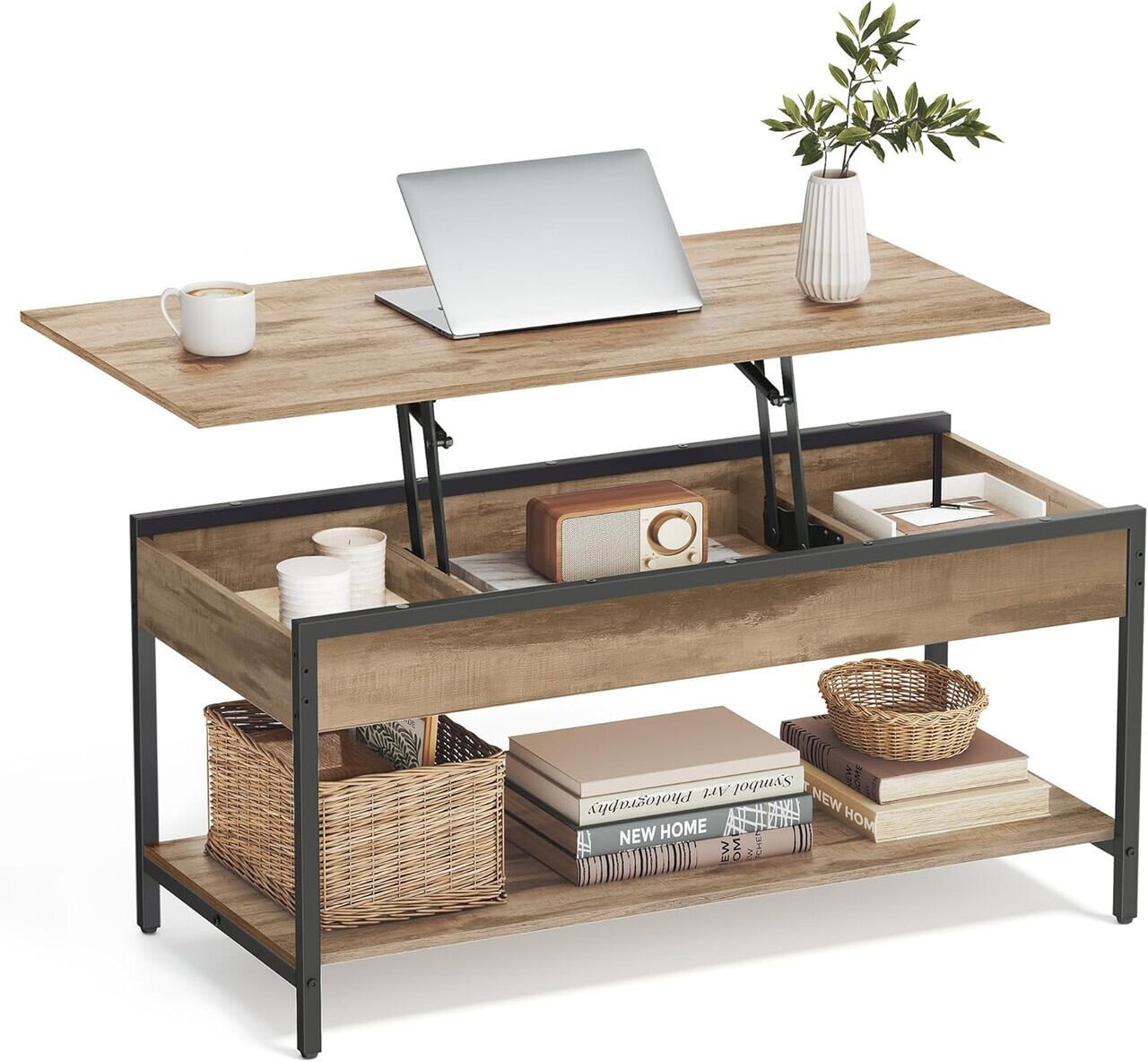 Masuta de cafea cu blat rabatabil, Vasagle, 100x50x48-63 cm, otel/PAL, camel