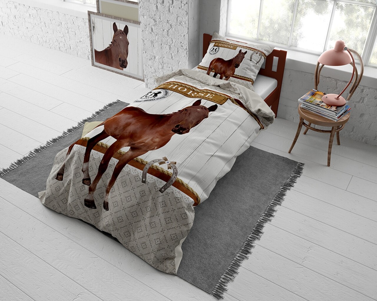 Lenjerie De Pat Pentru O Persoana, Horse Riding Brown, Dreamhouse, 2 Piese, 200x220 Cm, Bumbac, Maro