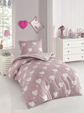 Lenjerie de pat pentru o persoana 2 piese, Herz - Dusty Rose, Eponj Home, 65% bumbac/35% poliester