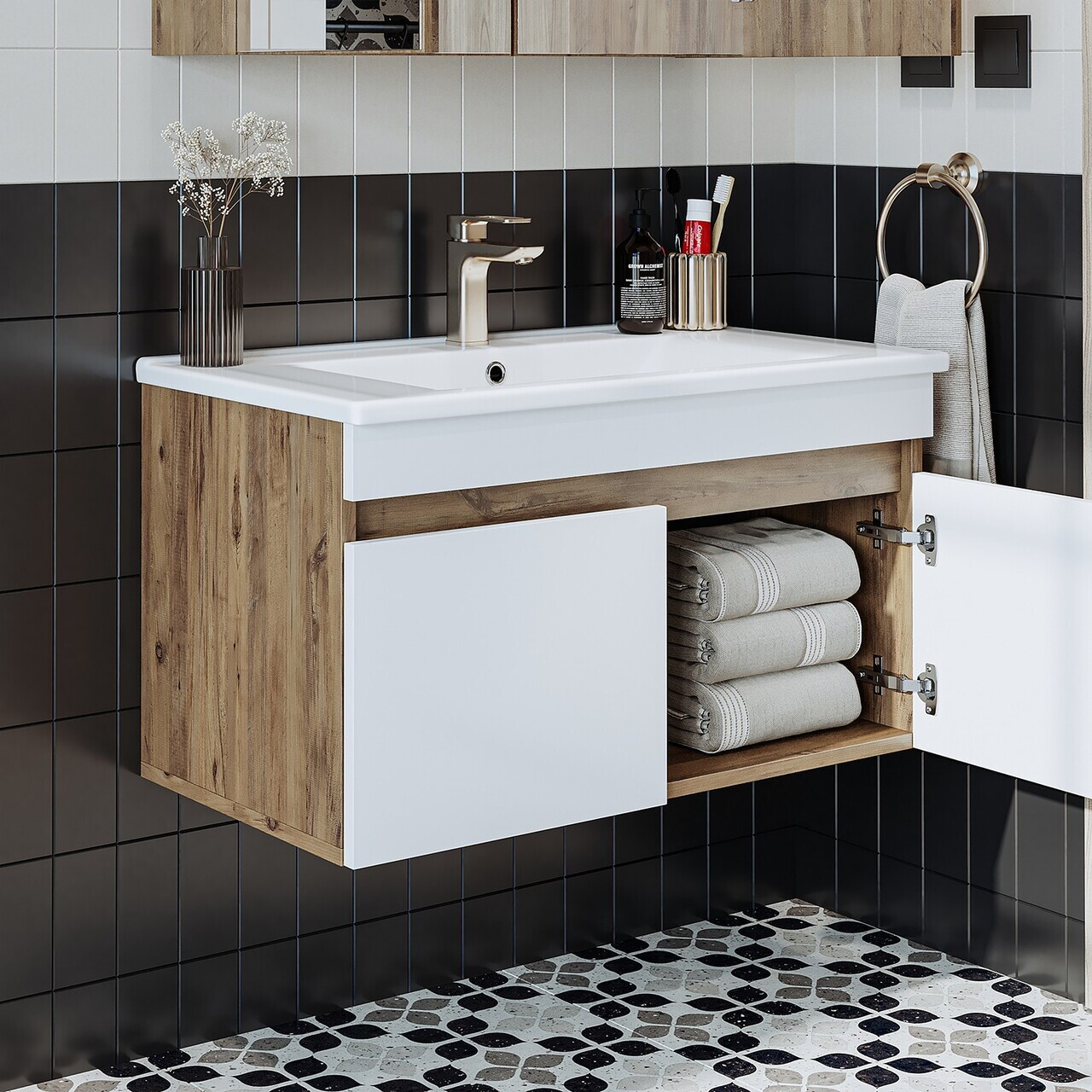 Dulap de baie cu chiuvetă, Hanah Home, 1901, 85x48x45.5 cm, MDF-LAM, Pin Atlantic / Alb Mat — imaginea 3
