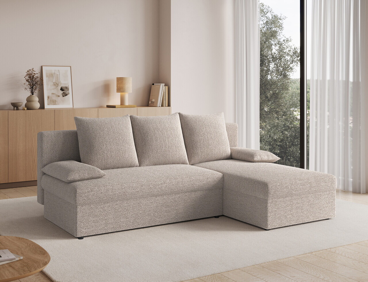 Coltar extensibil reversibil 3 locuri ELTAP, Gino, 201x143x90 cm, lemn/poliester, bej inchis — imaginea 3