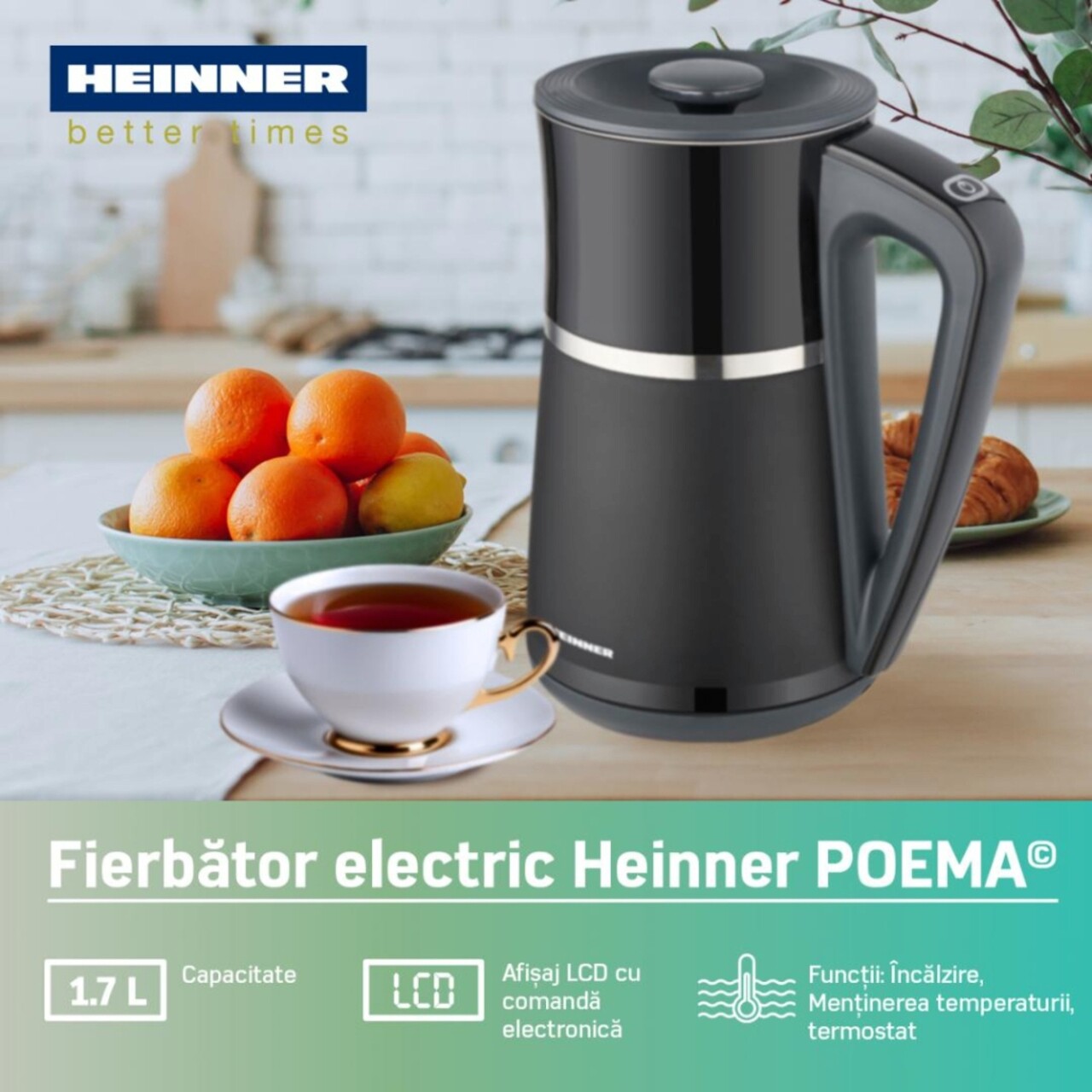 Fierbator electric Heinner, 1850-2200W, 1.7L, negru