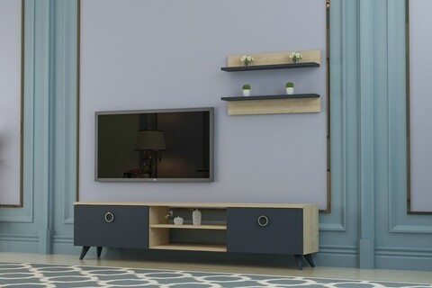 Comoda TV cu raft de perete Sante, Arnetti, 150 x 43.6 cm/50 x 15 cm, oak/antracit Comode