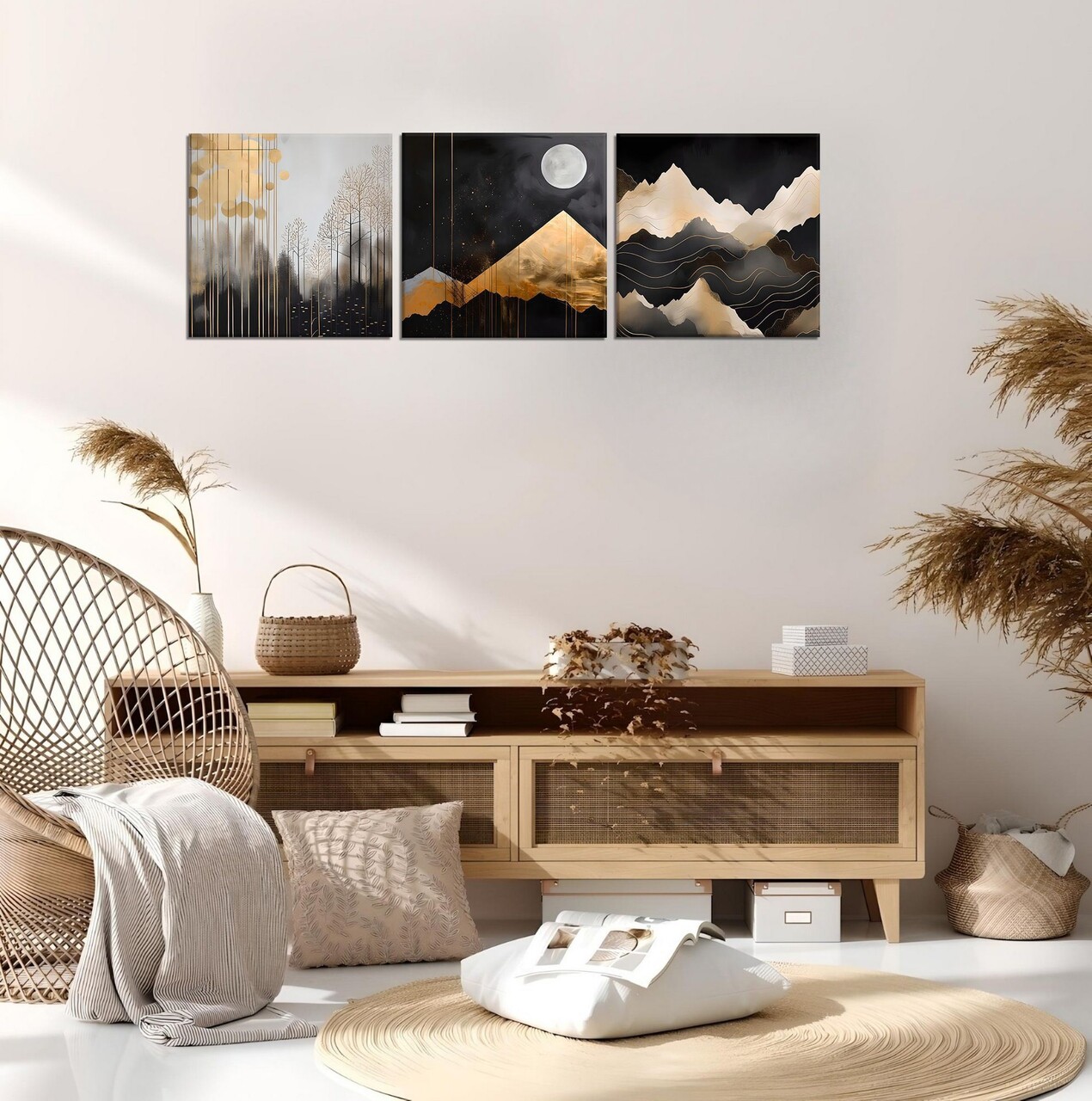 Set 3 tablouri decorative, FAH17, Cadru: 100% LEMN (Grosime: 2 cm), Auriu / Negru / Argintiu - view 2