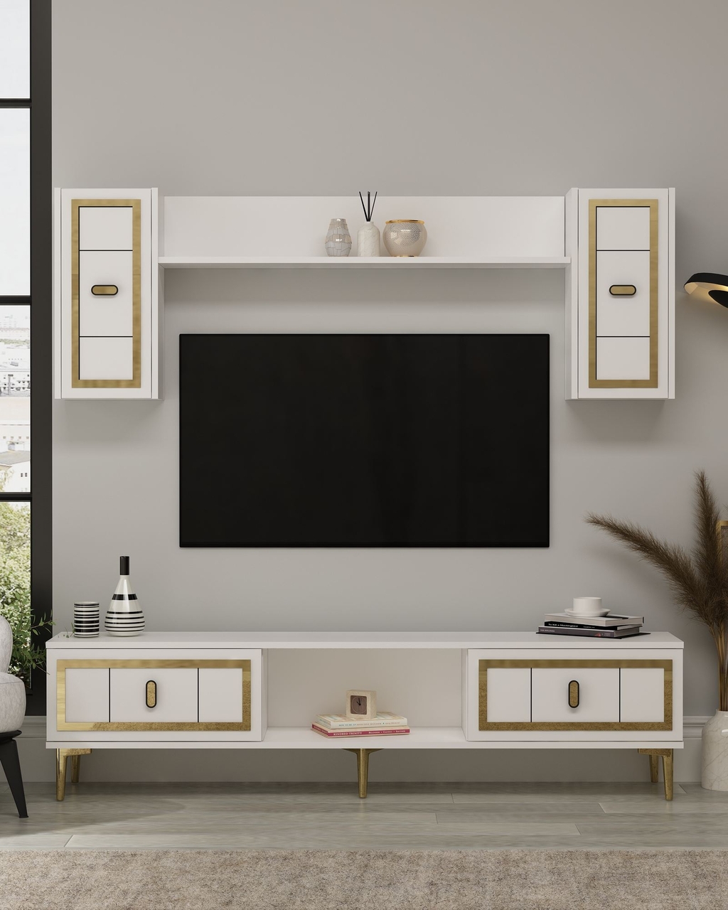 Comoda TV, Hanah Home, Orion, 150x44.6x29.6 cm, PAL , Alb/Auriu