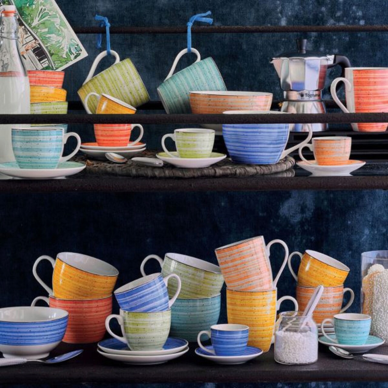Set 6 cesti de cafea cu farfurie Iris Kaleido, Tognana Porcellane, 80 ml, portelan New Bone China, multicolor - 1 | YEO