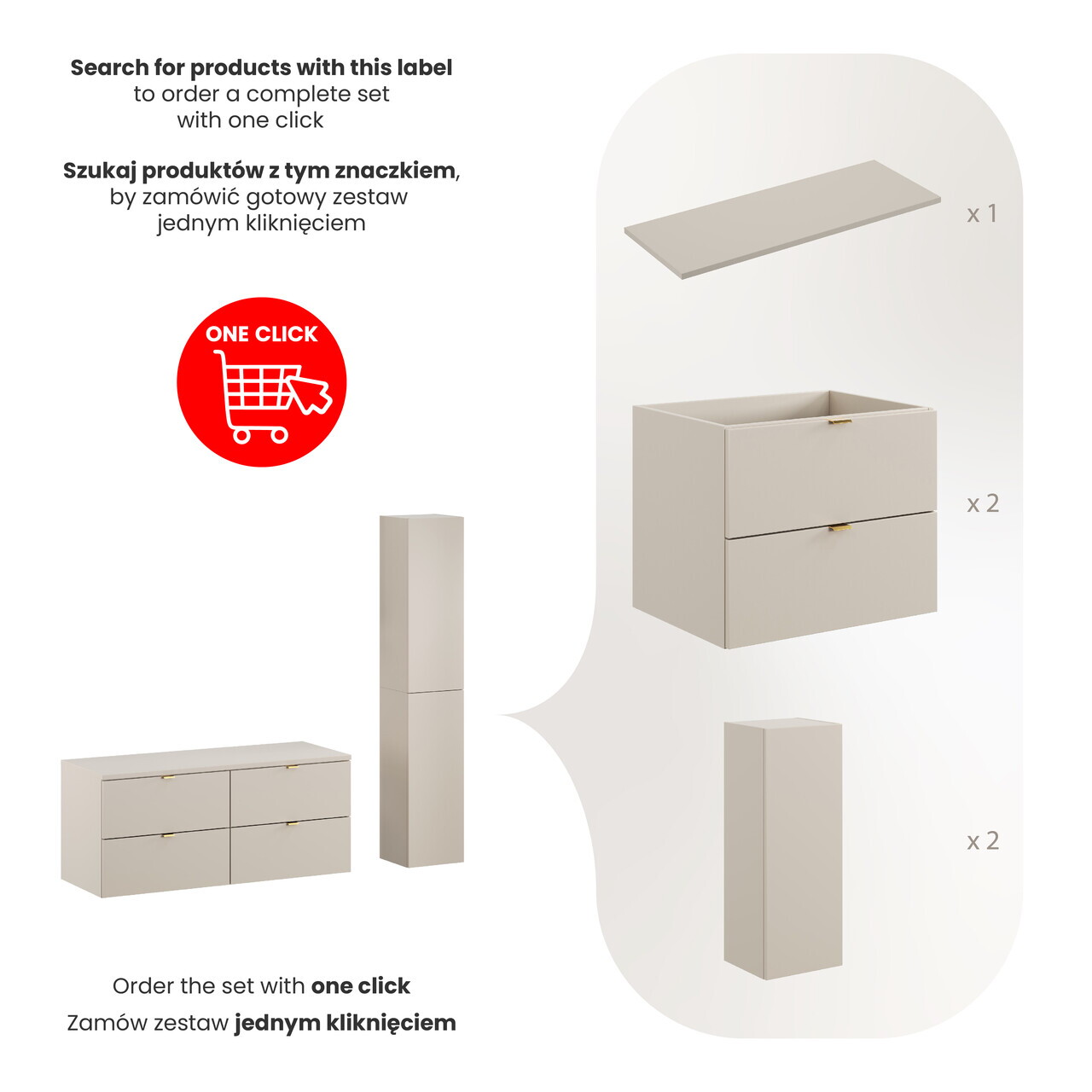 Set mobilier baie Dalia Cashmere 120 cm, dulap inalt si masca dubla lavoar, Comad, PAL, casmir