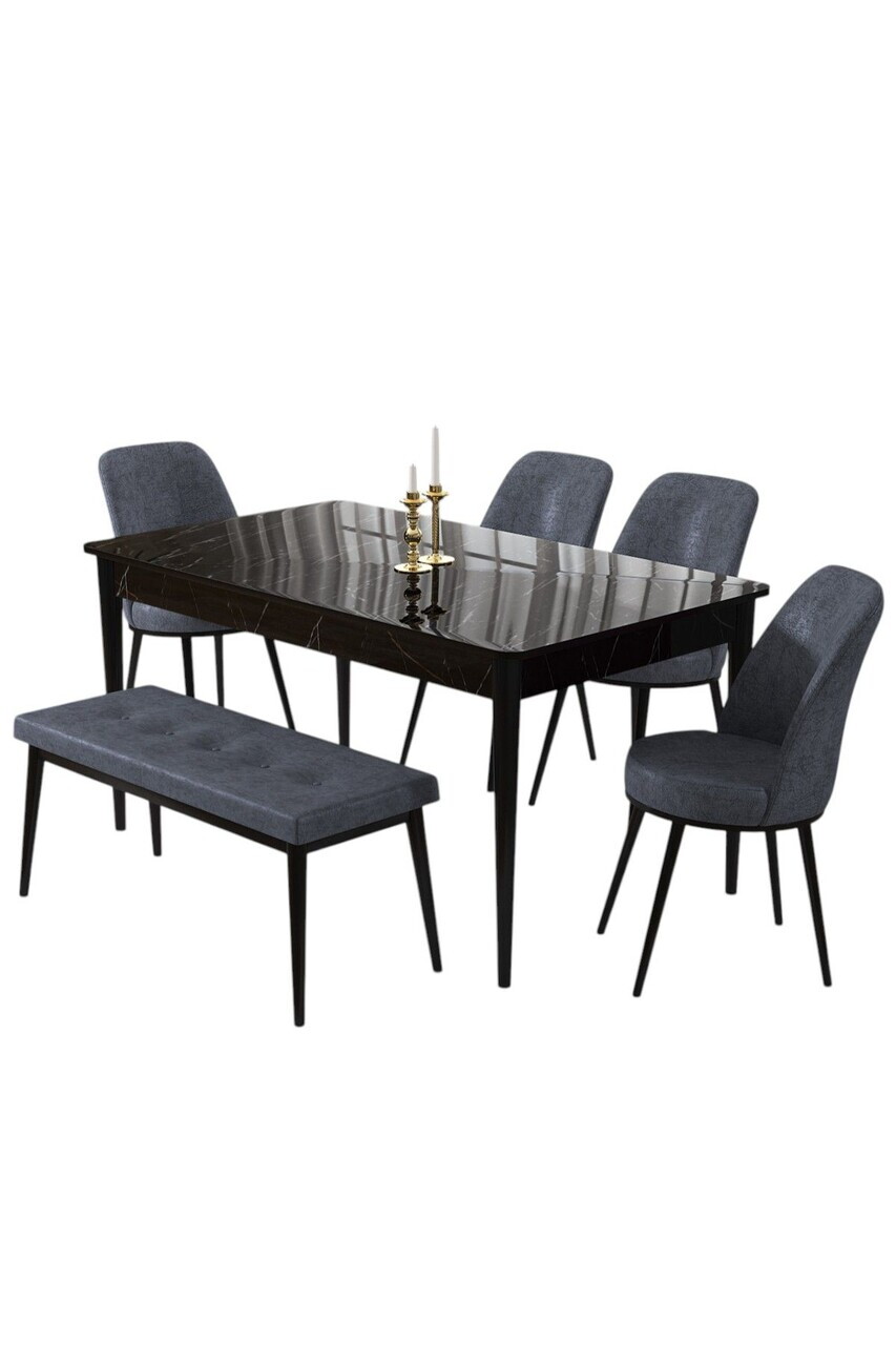 Set masa si 6 scaune, Hanah Home, Pir, Model de marmură neagră / Afumat — imaginea 2