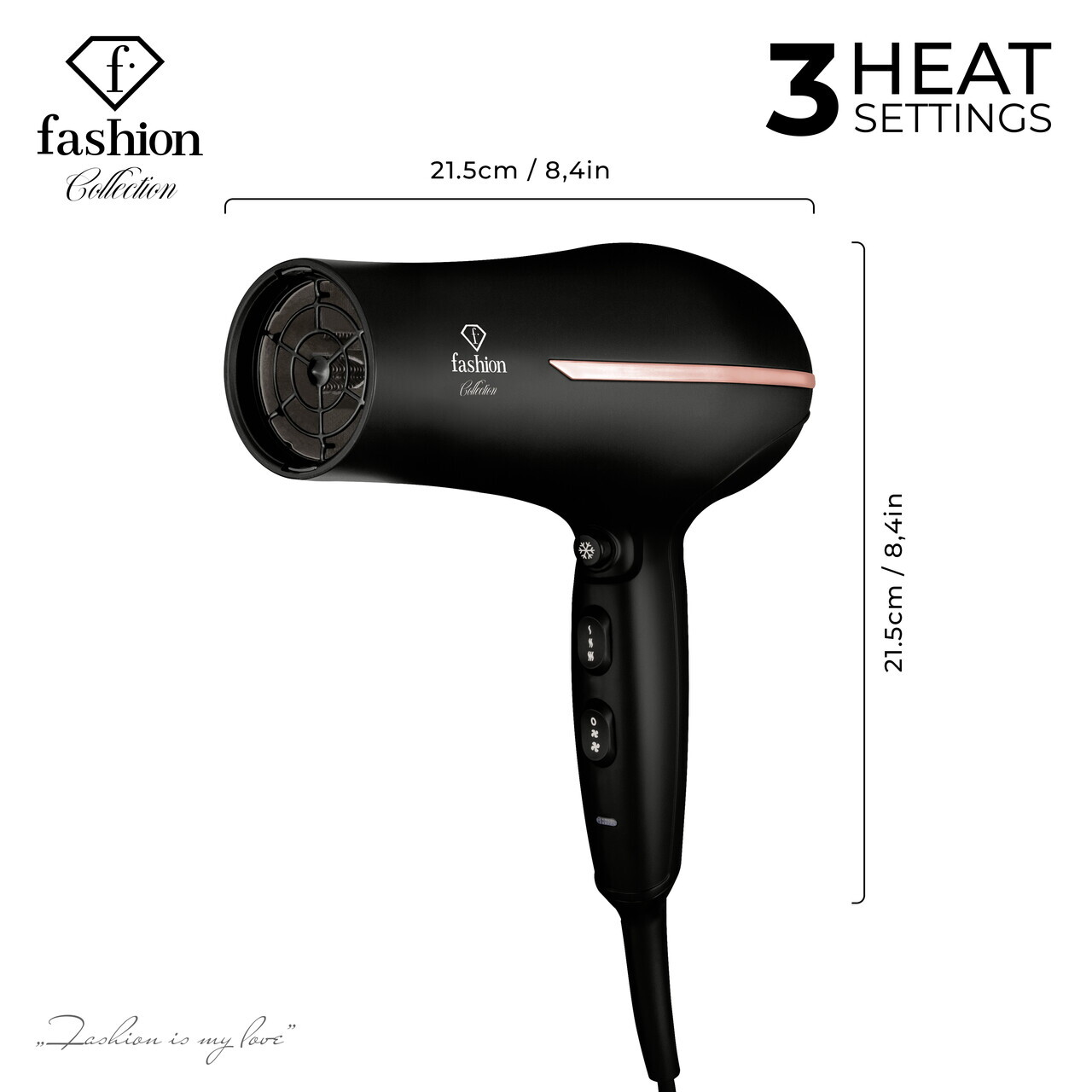 Uscator de par profesional Fashion TV, Matte Black-Rose Gold, 1950-2300W, 2 viteze, 3 trepte de temperatura, negru - imagine 5