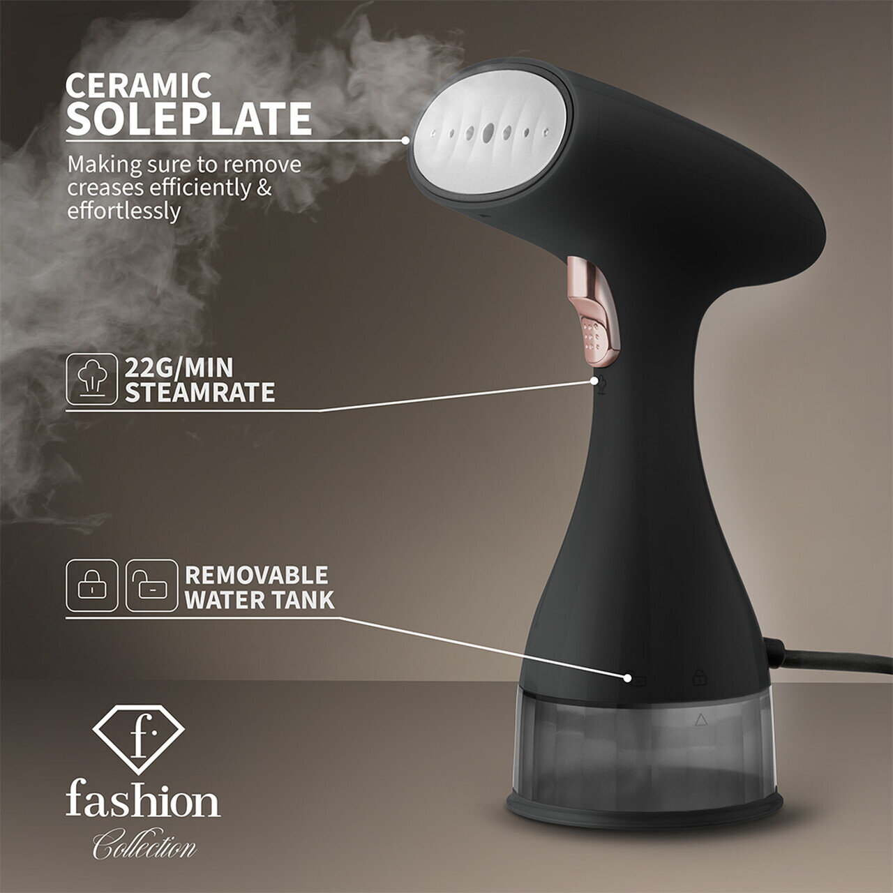 Aparat de calcat cu aburi Fashion TV, Matte Black-Rose Gold, 1500W, 220 ml, invelis ceramic, negru - imagine 5
