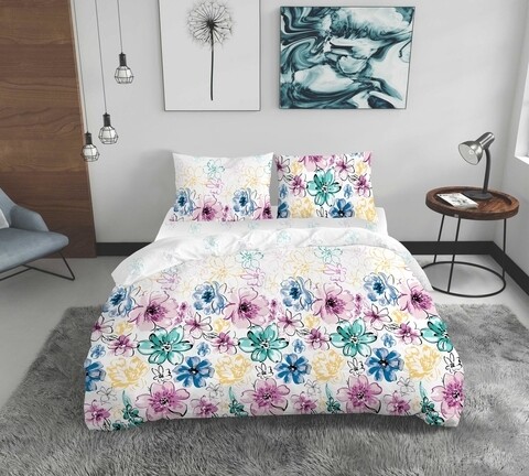 Lenjerie de pat dubla Flowers, Bedora, 4 piese, 200x220, 100% bumbac, multicolor