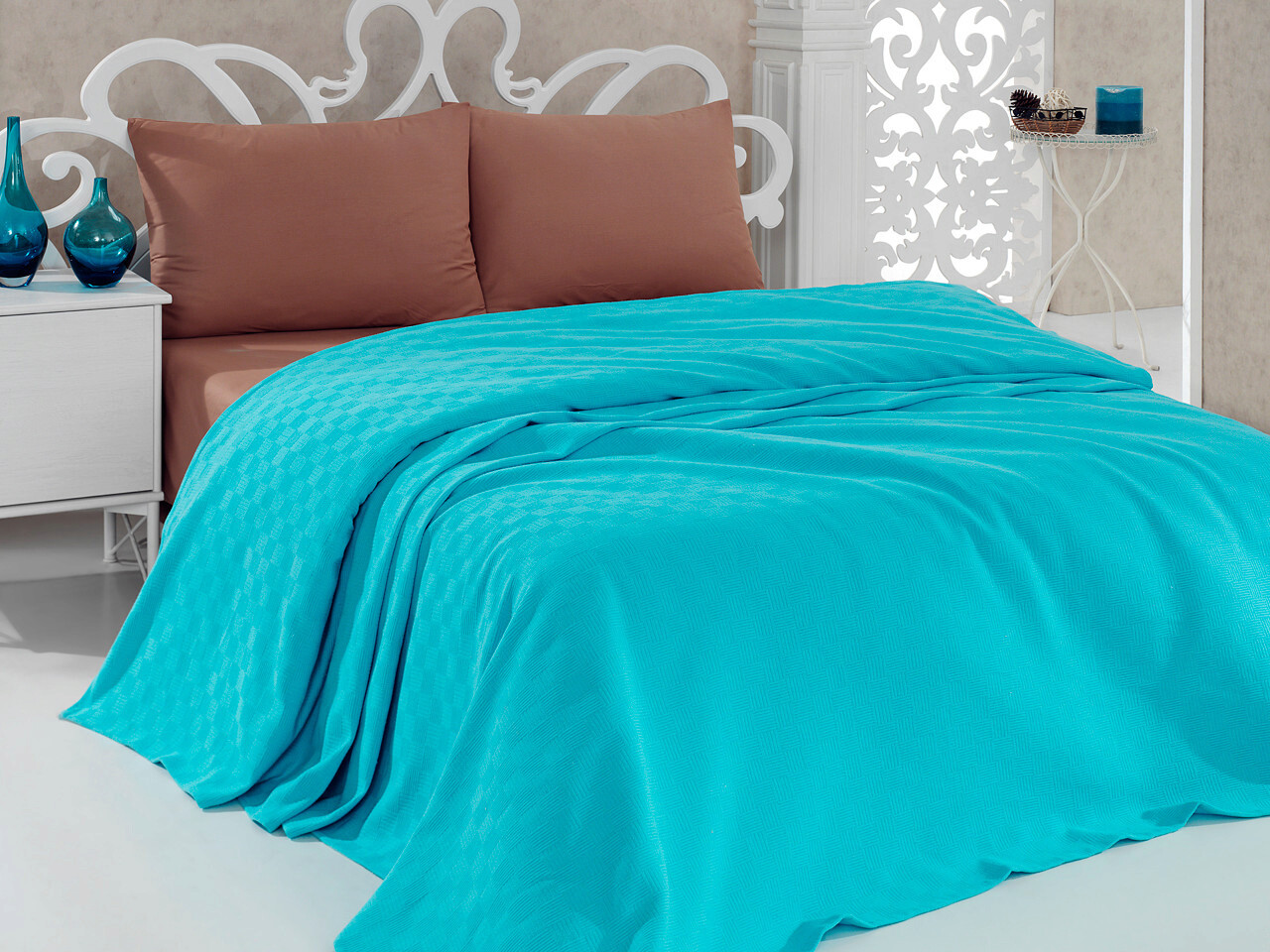 Cuvertura Pique Single (EU) (IT), 2 - Turquoise, Bella Carine By Esil Home, Bumbac