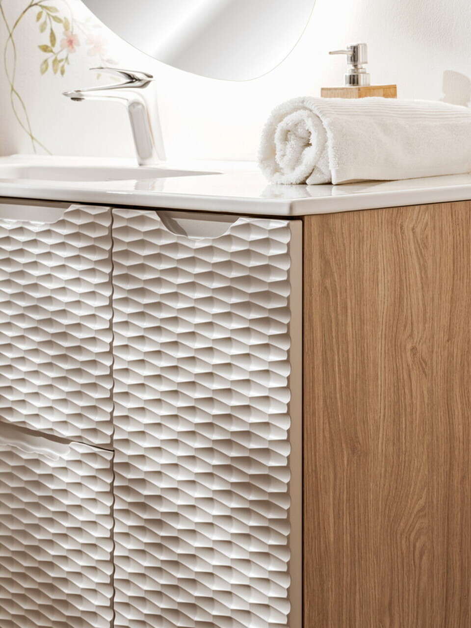 Set mobilier baie, dulap dublu cu lavoar, 90 cm D Un Nika, Ocean Beige, Comad, MDF/PAL laminat, stejar — imaginea 5