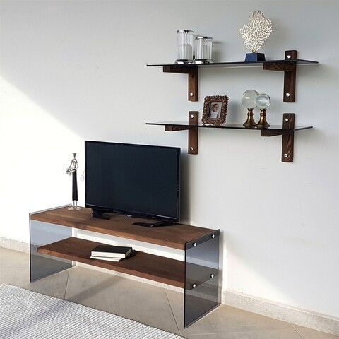 Comoda TV cu rafturi de perete Neostill TV102, 120 x 45 cm/85 x 25 cm, walnut Comode