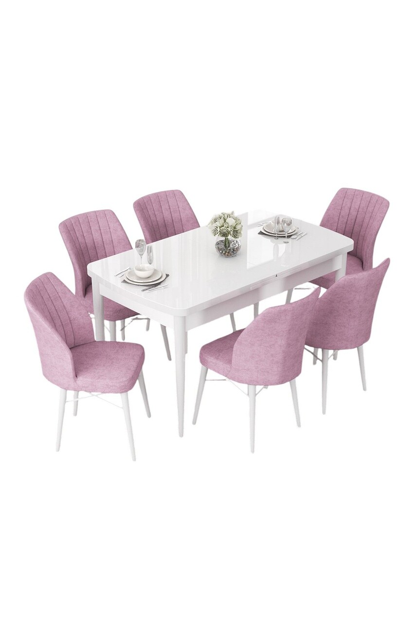 Set masă și scaune extensibile (7 Pieces), Hanah Home, Nef, Alb/Roz - view 2