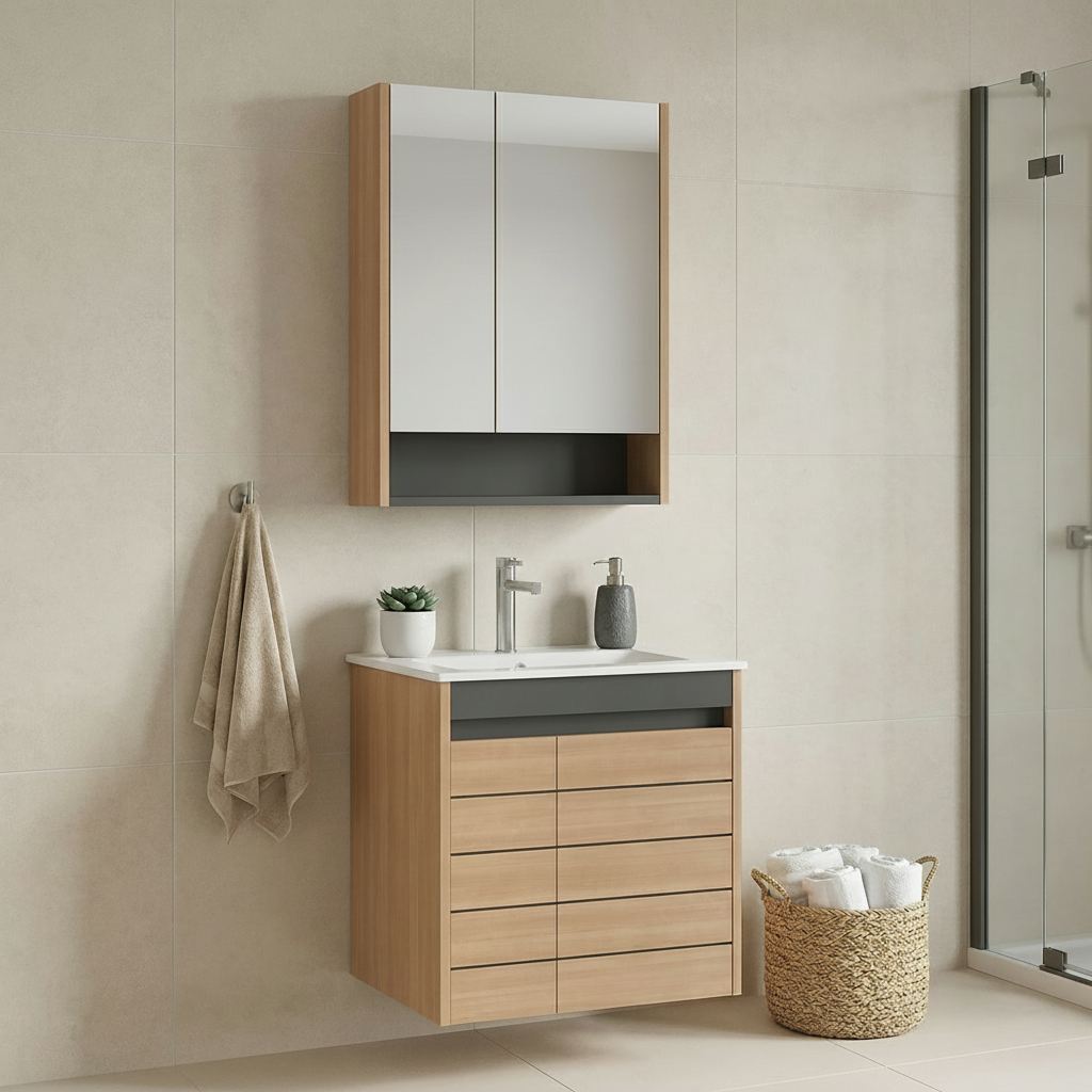 Set Dulap de Baie cu Chiuvetă și Oglindă (2 Piese), Hanah Home, Ricato 60, Stejar