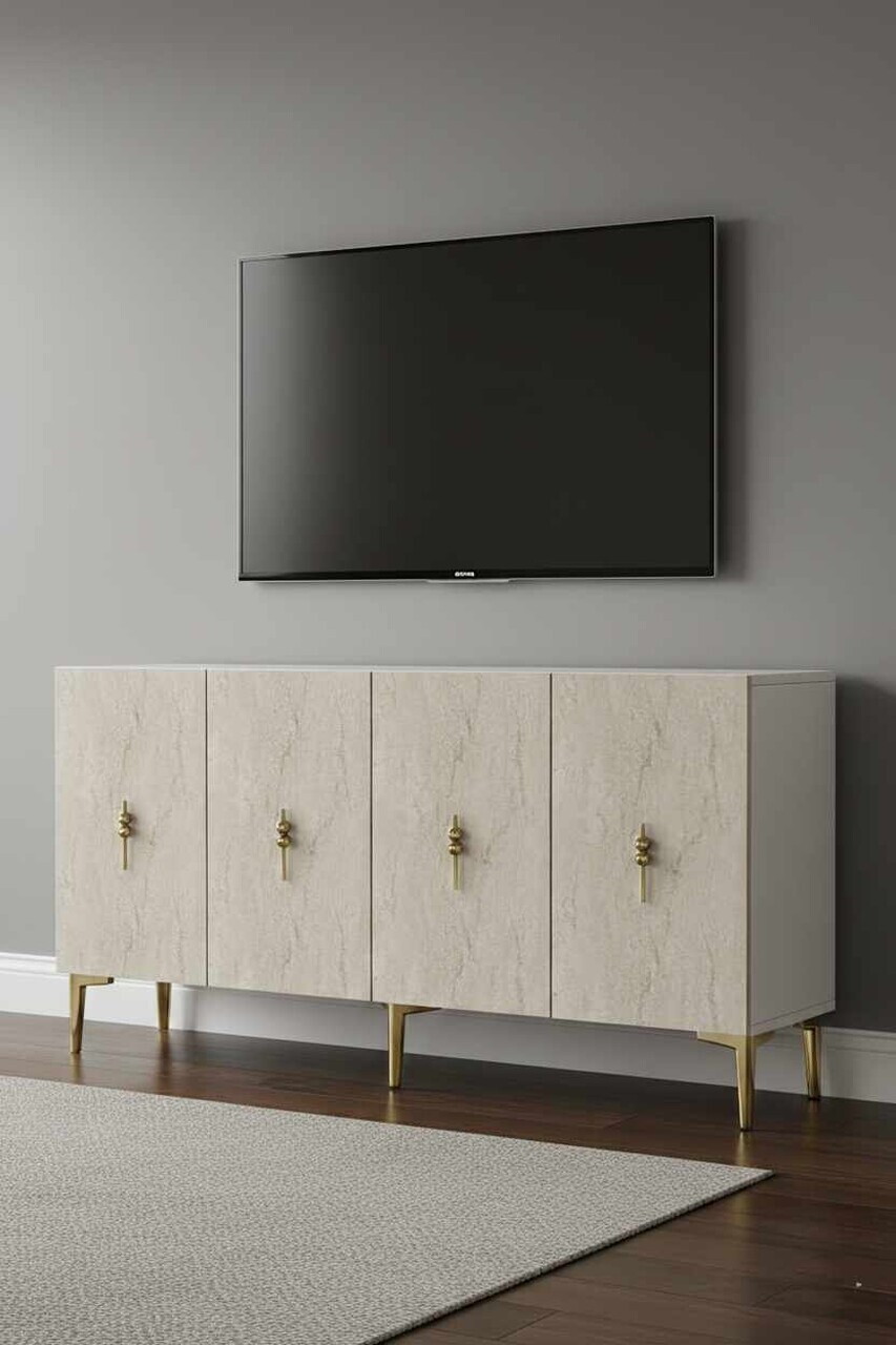 Consola, Hanah Home, Ayshe 150, 150x75x32 cm, White / Travertine / Gold