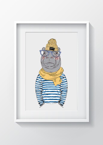 Tablou decorativ hippo, oyo kids, 29x24 cm, lemn/mdf, multicolor