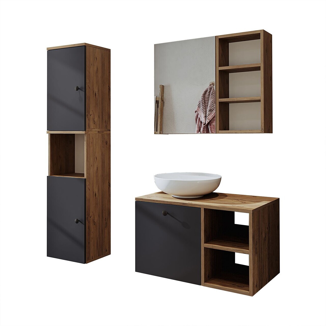Set Dulap de Baie cu Chiuvetă și Oglindă (3 Piese), Hanah Home, 2473, MDF, Pin Atlantic / Antracit — imaginea 6