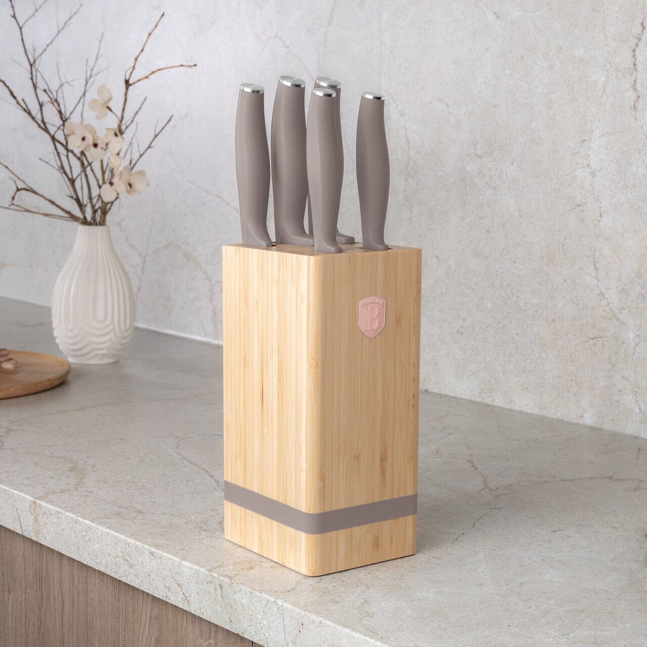 Set 5 cutite cu suport patrat Berlinger Haus, Taupe, inox/bambus, taupe mat/natur