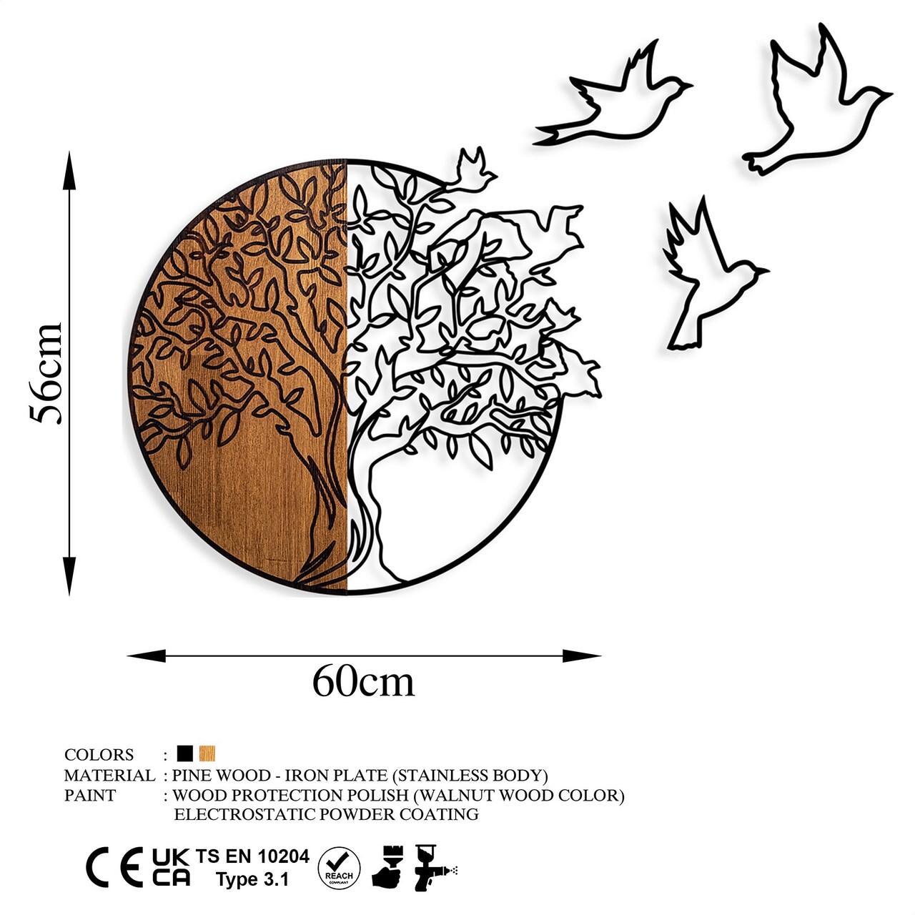 Decoratiune de perete, Tree And Birds 2, Lemn/metal, Dimensiune: 60 x 56 cm, Nuc / Negru