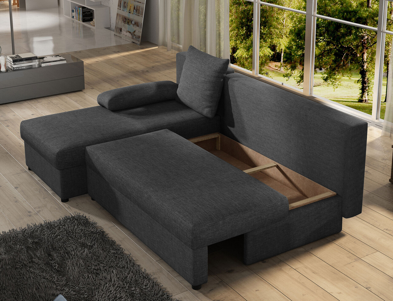 Coltar extensibil reversibil 3 locuri, ELTAP, Gino, 201x143x90 cm, lemn/poliester, gri inchis - 1 | YEO
