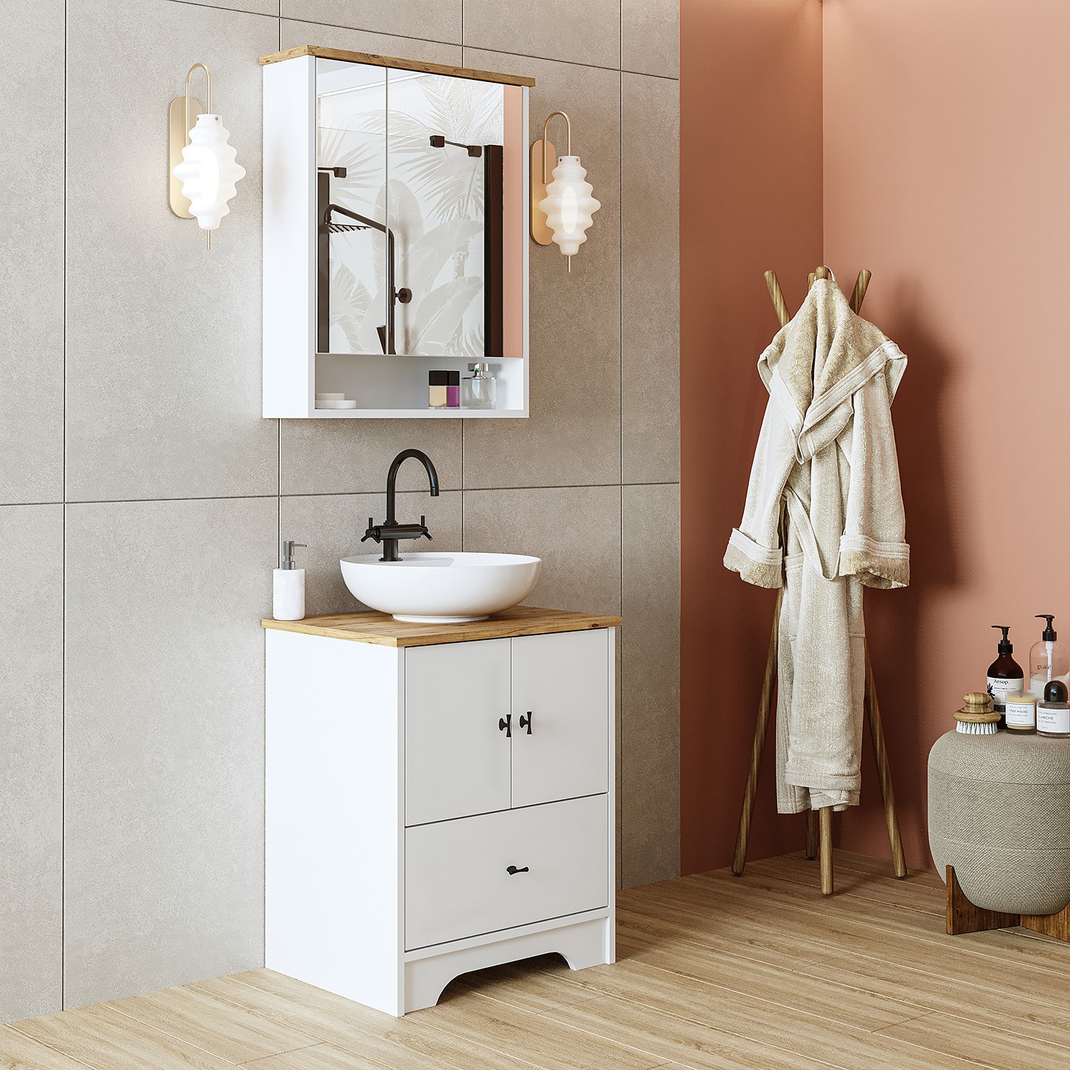 Set Dulap de Baie cu Chiuvetă și Oglindă (2 Piese), Hanah Home, 2408, MDF-LAM, Alb mat