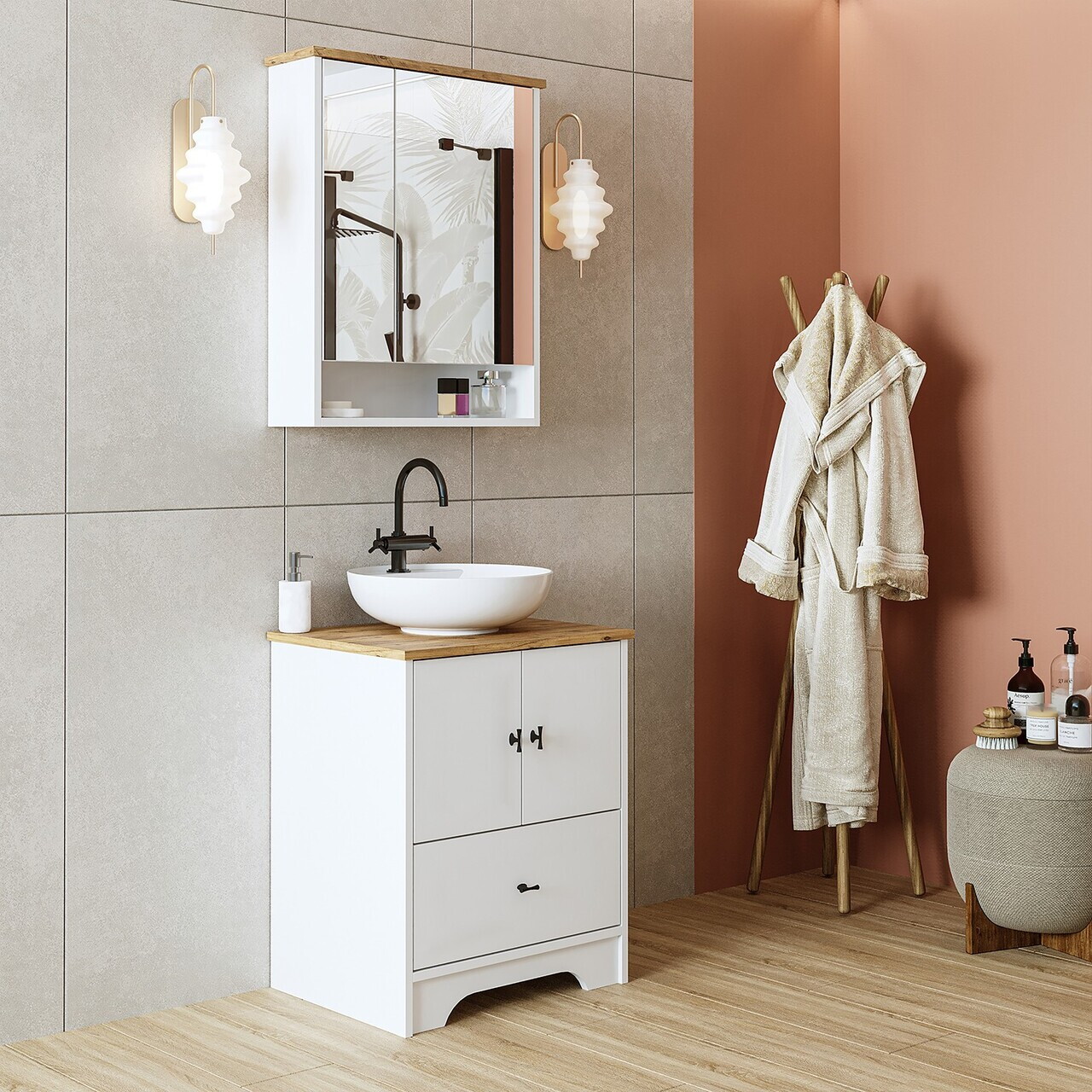 Set Dulap de Baie cu Chiuvetă și Oglindă (2 Piese), Hanah Home, 2408, MDF-LAM, Alb mat