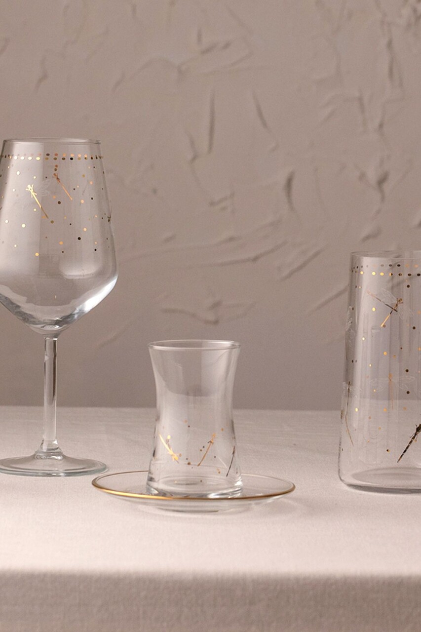 Set de pahare pentru ceai (12 bucăți), L'essentiel Maison, 127RKL1202, Farfurie: 12,6 x 12,6 x 1,5 cm (6 bucăți), Transparent/Auriu - view 3