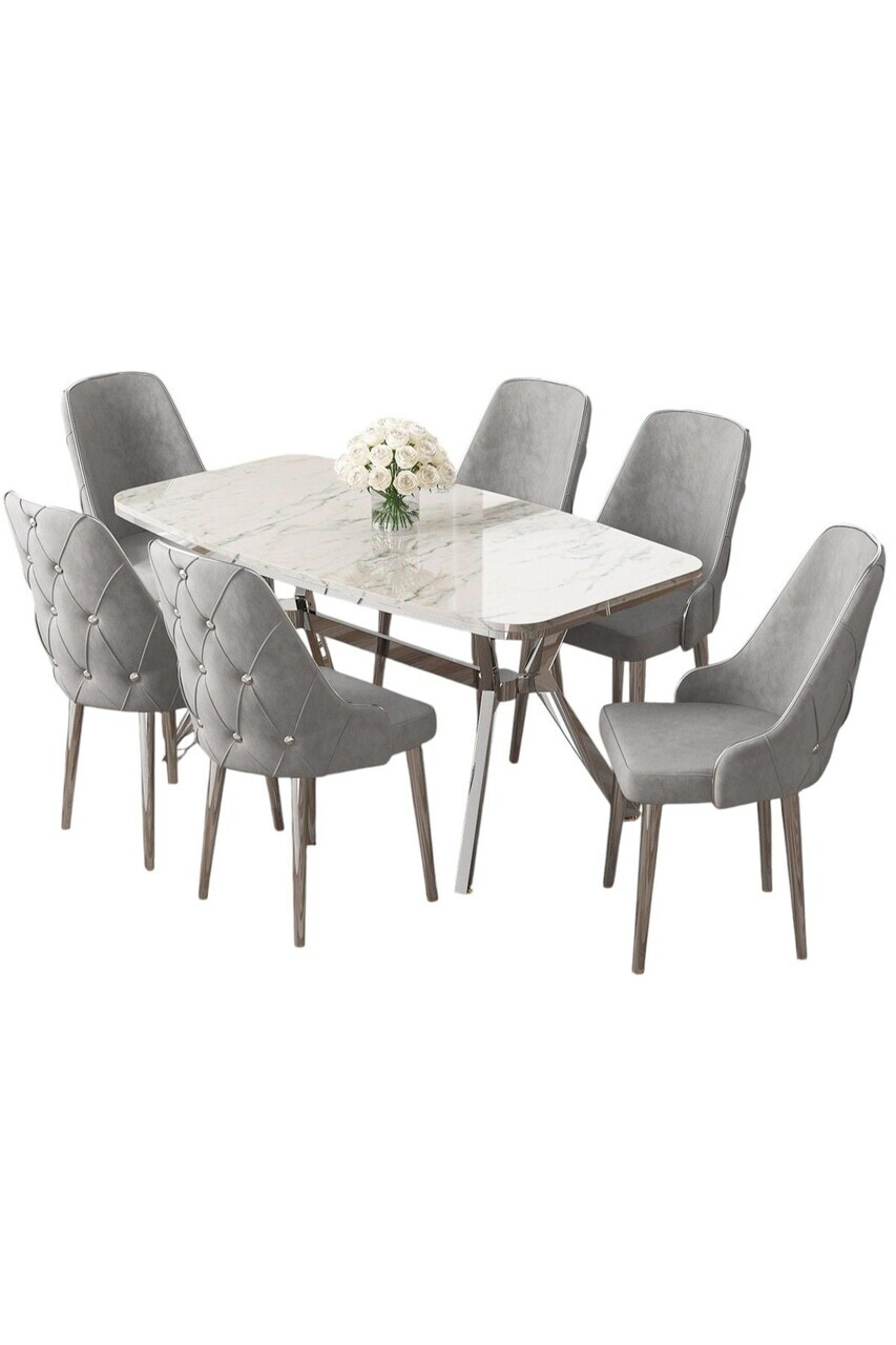 Set masa si scaune (7 piese), Hanah Home, Asel, Model de marmură albă / Crom / Gri — imaginea 2