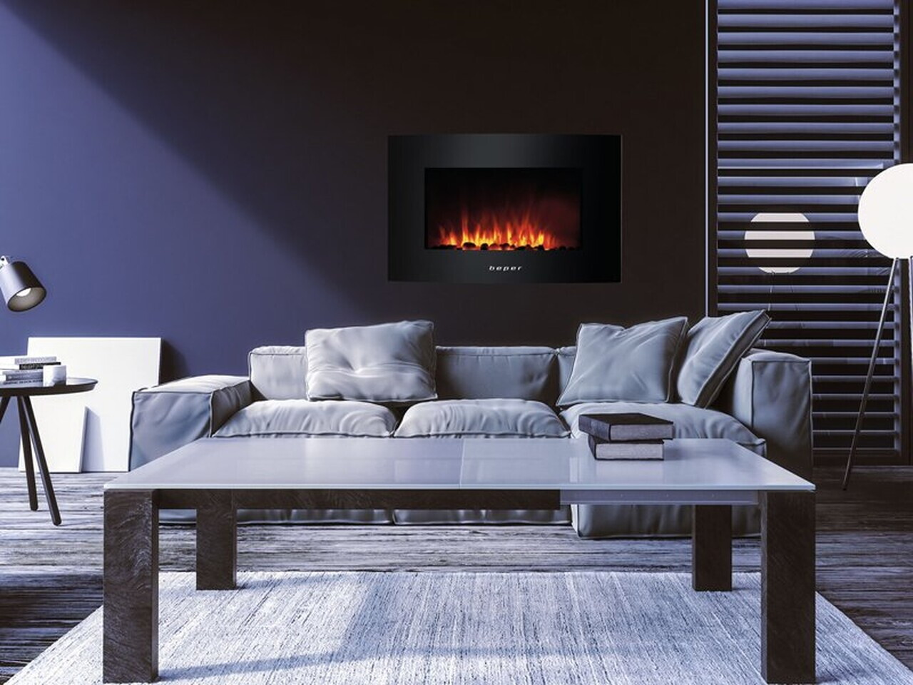 Semineu electric Beper, 1750W-2000W, 66x15x52 cm, otel/sticla temperata, negru — imaginea 3