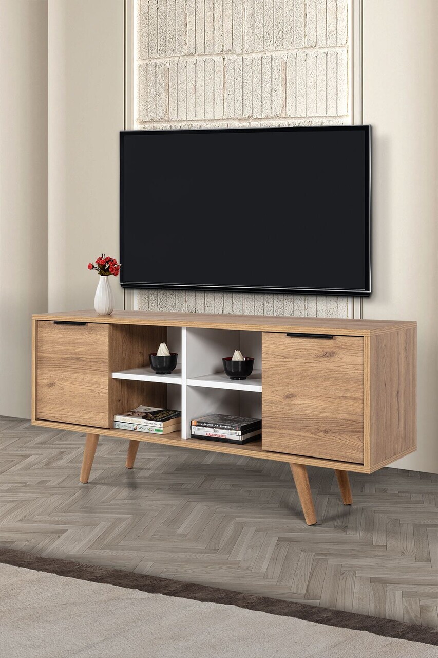 Comoda TV, Hanah Home, Sina 3321, 130x59x35 cm, PAL, Stejar Safir / Alb — imaginea 3