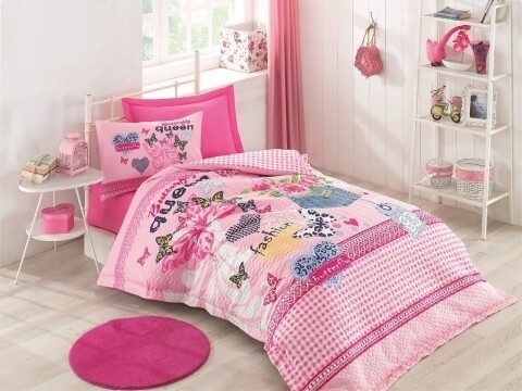 Lenjerie de pat matlasata pentru o persoana, 3 piese, 100% bumbac ranforce, Cotton Box, Queen Pink