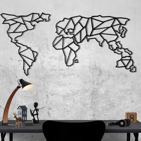 Decoratiune de perete, world map xl, metal, dimensiune: 85 x 170 cm, negru