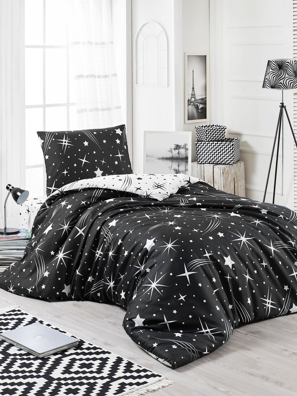 Lenjerie de pat pentru o persoana L'essentiel Maison Halley 65% bumbac/35% poliester Alb/Negru