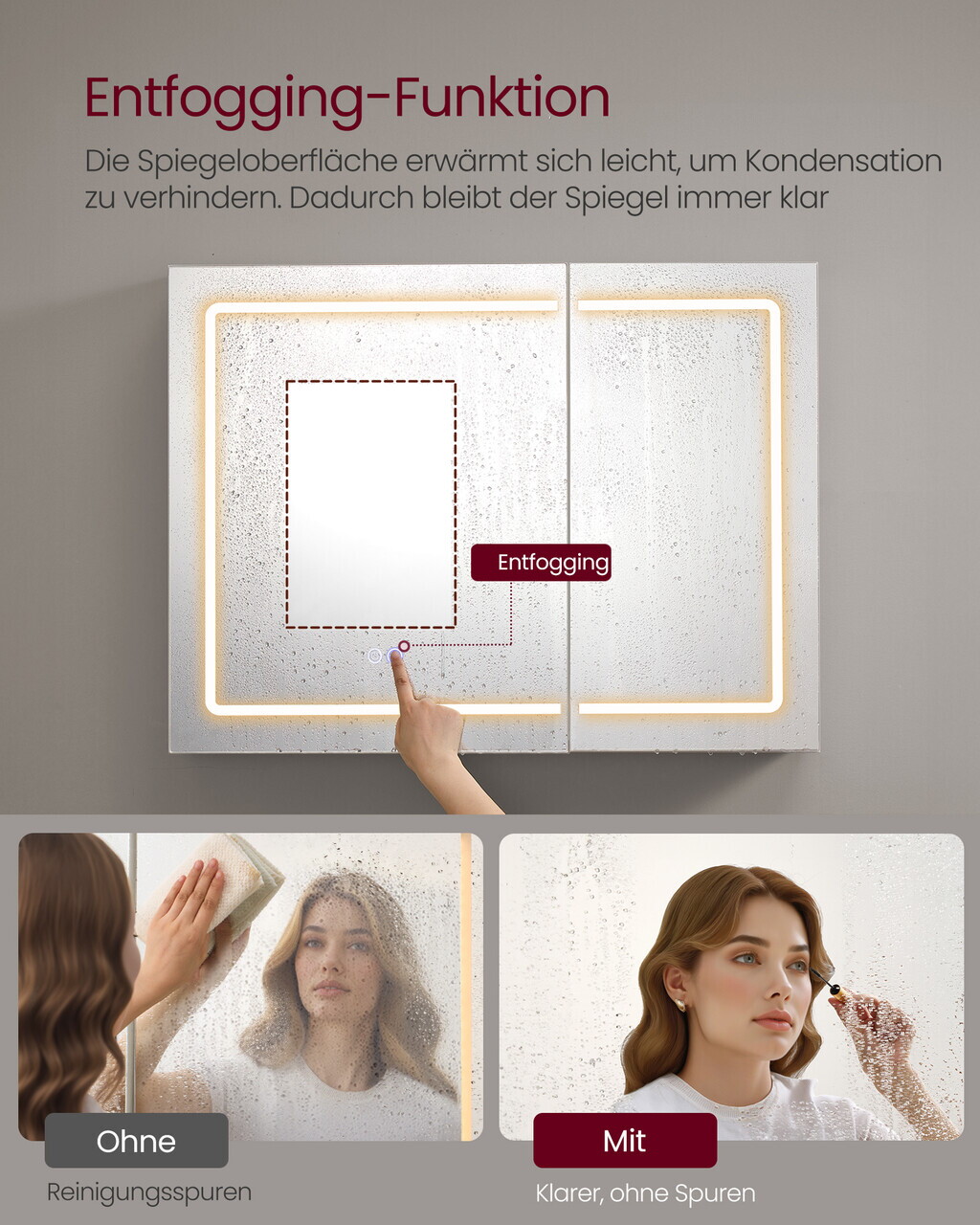 Dulap baie cu oglinda, Vasagle, iluminare LED, functie anti-aburire, prize, 80x16.5x75 cm, PAL/MDF, alb - imagine 5