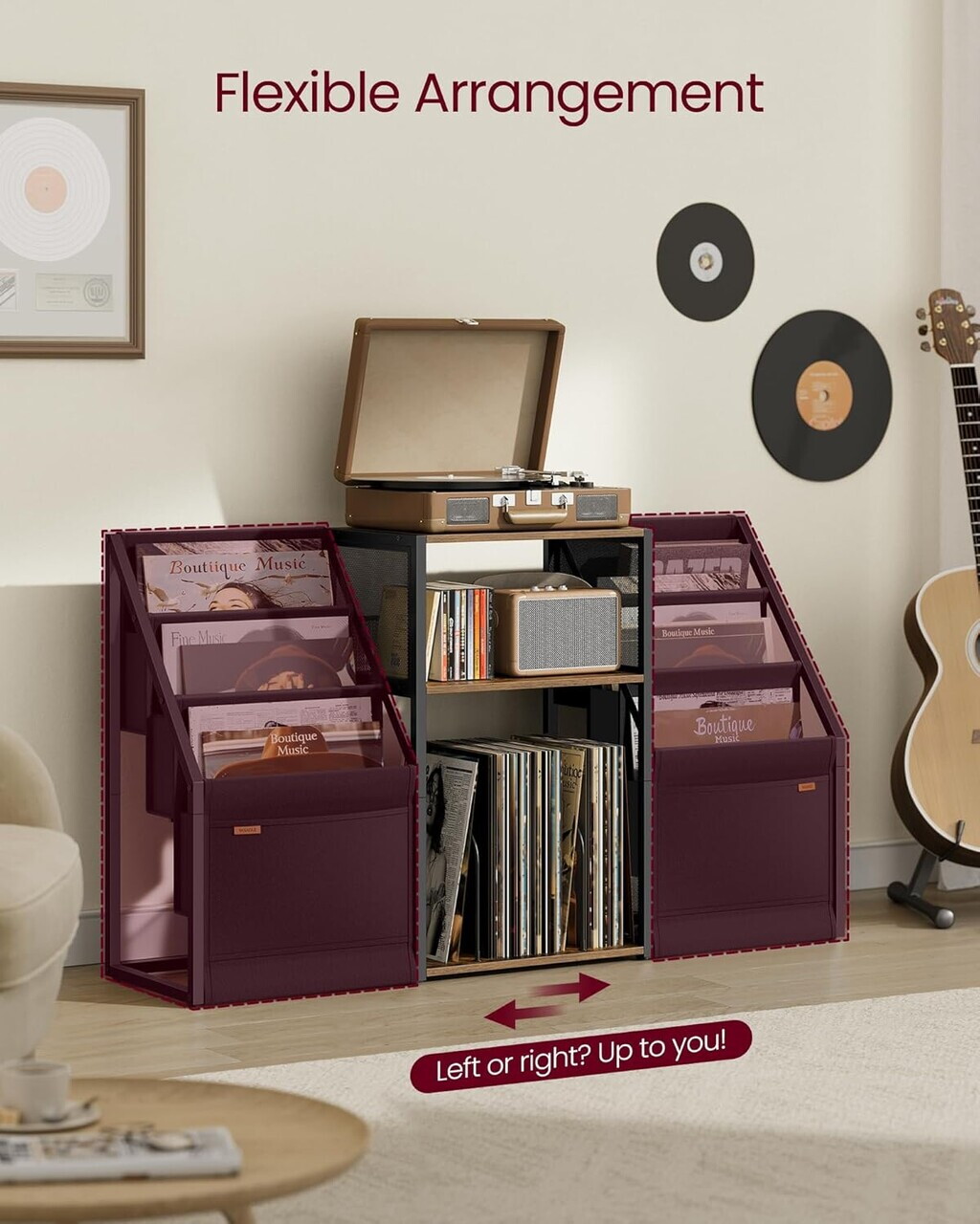 Suport pentru pick-up, Vasagle, spatiu depozitare pana la 140 discuri, 81x30x69 cm, maro rustic - imagine 3