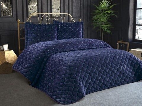 Set cuvertura de pat dubla 3 piese, Lima - Dark Blue, Dowry World, Catifea