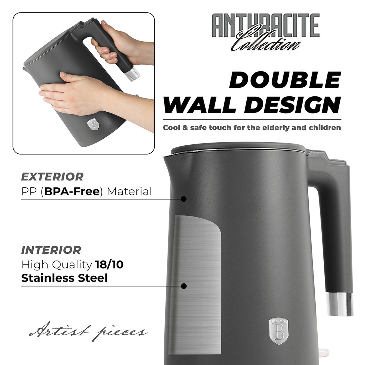 Ceainic electric cu pereti dubli Berlinger Haus, Anthracite, 1.7 L, plastic/inox, antracit mat - imagine 7